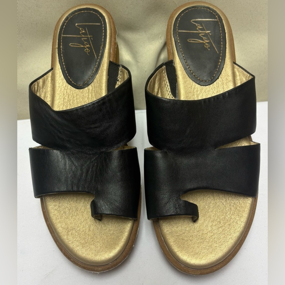 Latigo Women's Black Leather Karen Cork Platform Wedge Wrap Slide Sandals Size 7